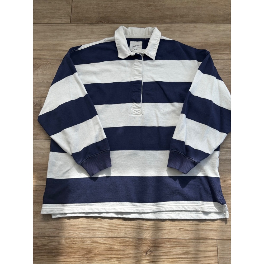 Aerie Navy Blue White Striped Rugby Shirt Mens XL Long Sleeve French Terry Polo